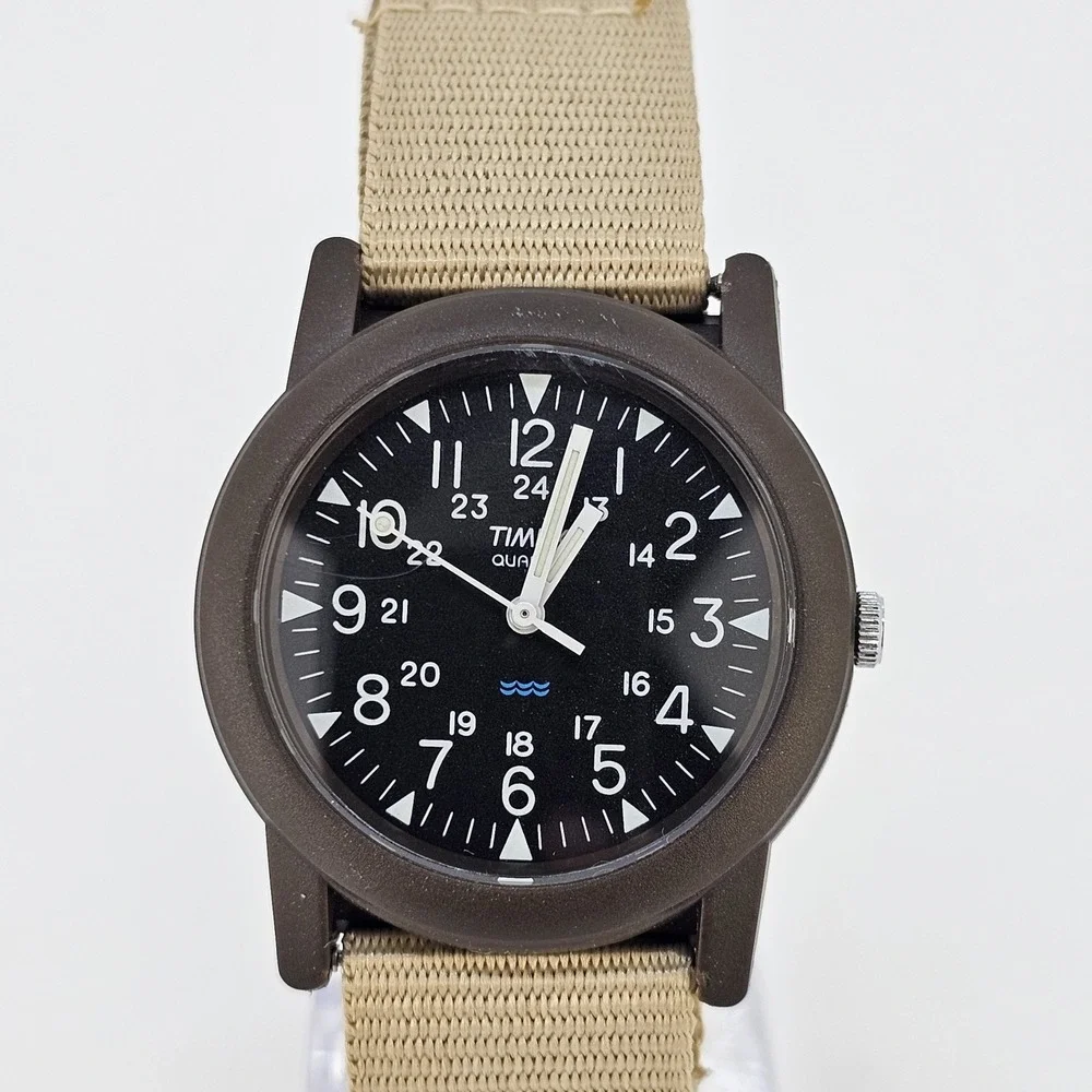 2011 Timex Camper Men Field Watch 34MM Black Dial New Tan Canvas Band NewBattery